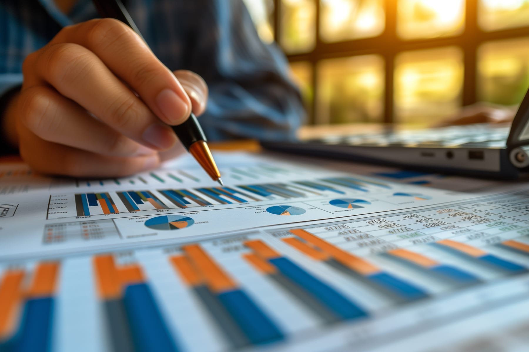 financial charts analysis pen laptop
